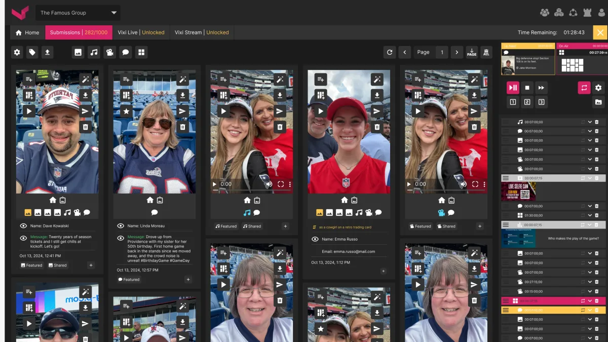 Vixi Suite submissions during a live game: fans’ selfies and videos as cards with name, message, time and actions, and the playlist on the right