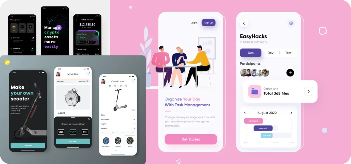 A collection of four distinct mobile app designs showcasing innovative styles for 2024’s app development trends.