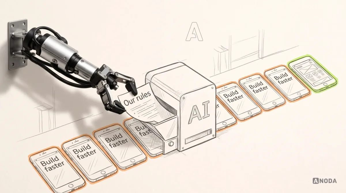 Mixed-media illustration: a drawn machine labelled “AI” pushes out a row of identical drawn app screens, each with the same headline “Build faster”, the row outlined in orange; a real steel arm on a wall bracket feeds a drawn sheet titled “Our rules” into the machine’s hopper, and the last screen coming out has a different layout, outlined in lime.