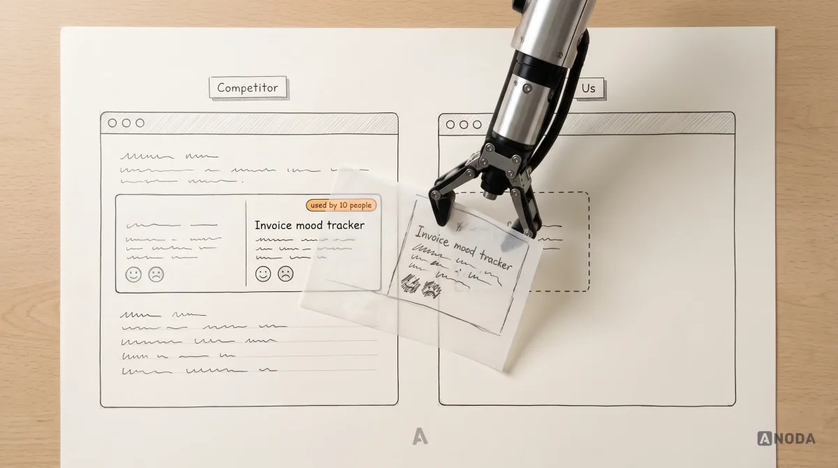 Mixed-media illustration: two drawn web apps side by side, the left one labelled “Competitor” with a feature panel “Invoice mood tracker” and a small badge “used by 10 people”; a real steel arm holds a sheet of tracing paper over the panel, copying it onto the right app labelled “Us”.