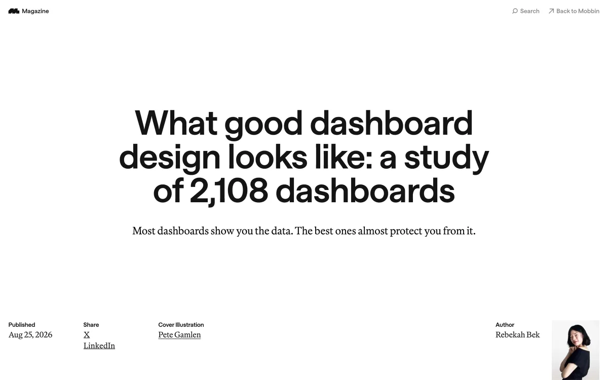 Mobbin Magazine article page: “What good dashboard design looks like: a study of 2,108 dashboards”, published 25 August 2026.