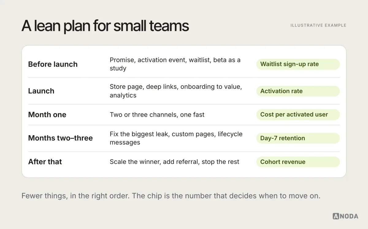 Illustrative lean plan in five phases from pre-launch to scale, each with its focus, the channels in use and the one metric that decides whether to move on.