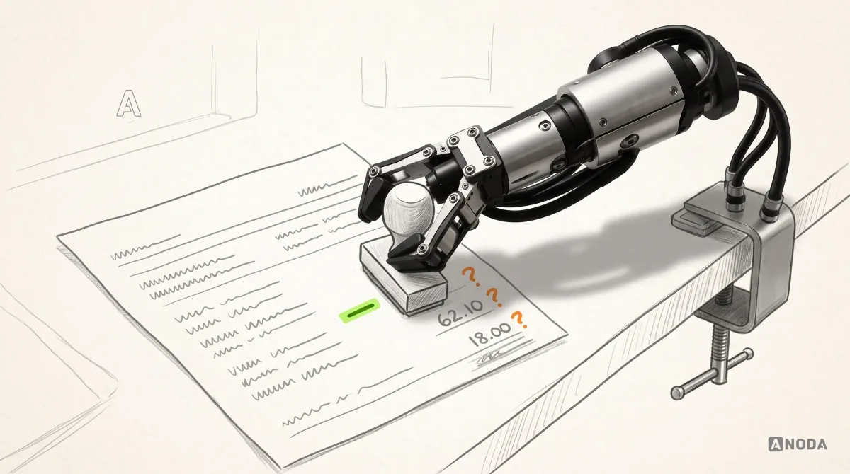 Mixed-media illustration: a drawn bank statement printed in grey lies on a table, its amounts “62.10” and “18.00” identical in tone with orange question marks beside them, while a real steel robotic arm clamped to the table edge stamps a lime “−” in front of “62.10” with a real rubber stamp.
