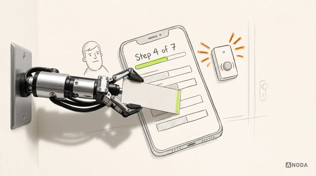 Mixed-media illustration: a real steel arm reaching in from the left slips a real paper bookmark into a drawn phone onboarding form at “Step 4 of 7”, while a drawn doorbell rings in orange beside it