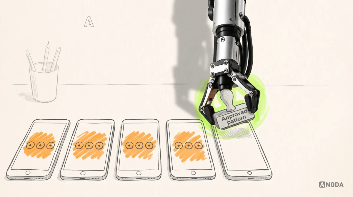 Mixed-media illustration: a drawn rubber stamp labelled “Approved pattern” has already printed the same orange unlabelled three-dot button onto a row of four drawn app screens; a real steel robotic arm hanging from the top edge catches the stamp mid-air above a fifth, still-blank screen.