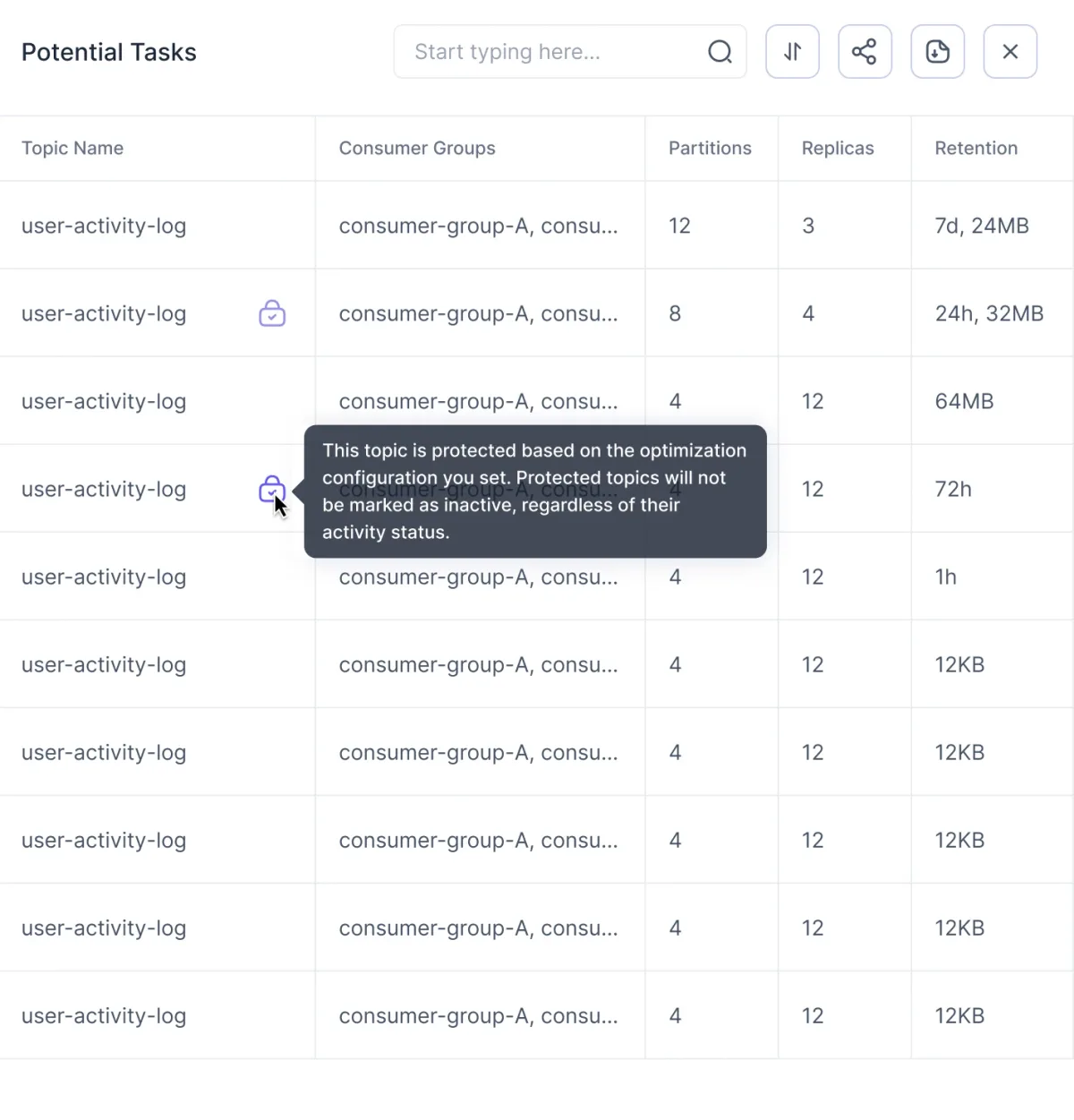 Potential Tasks panel listing topics with consumer groups, partitions, replicas and retention, with a tooltip explaining a protected topic