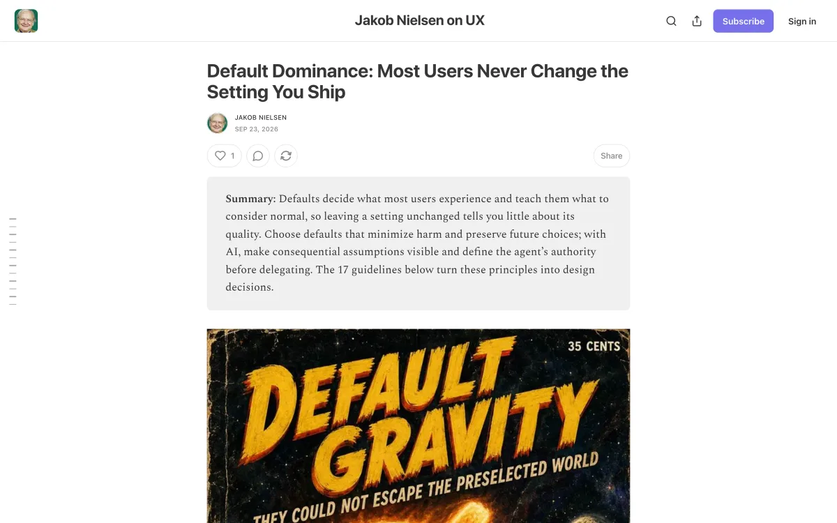 Jakob Nielsen essay page: “Default Dominance: Most Users Never Change the Setting You Ship”, with a summary paragraph and an illustrated header.