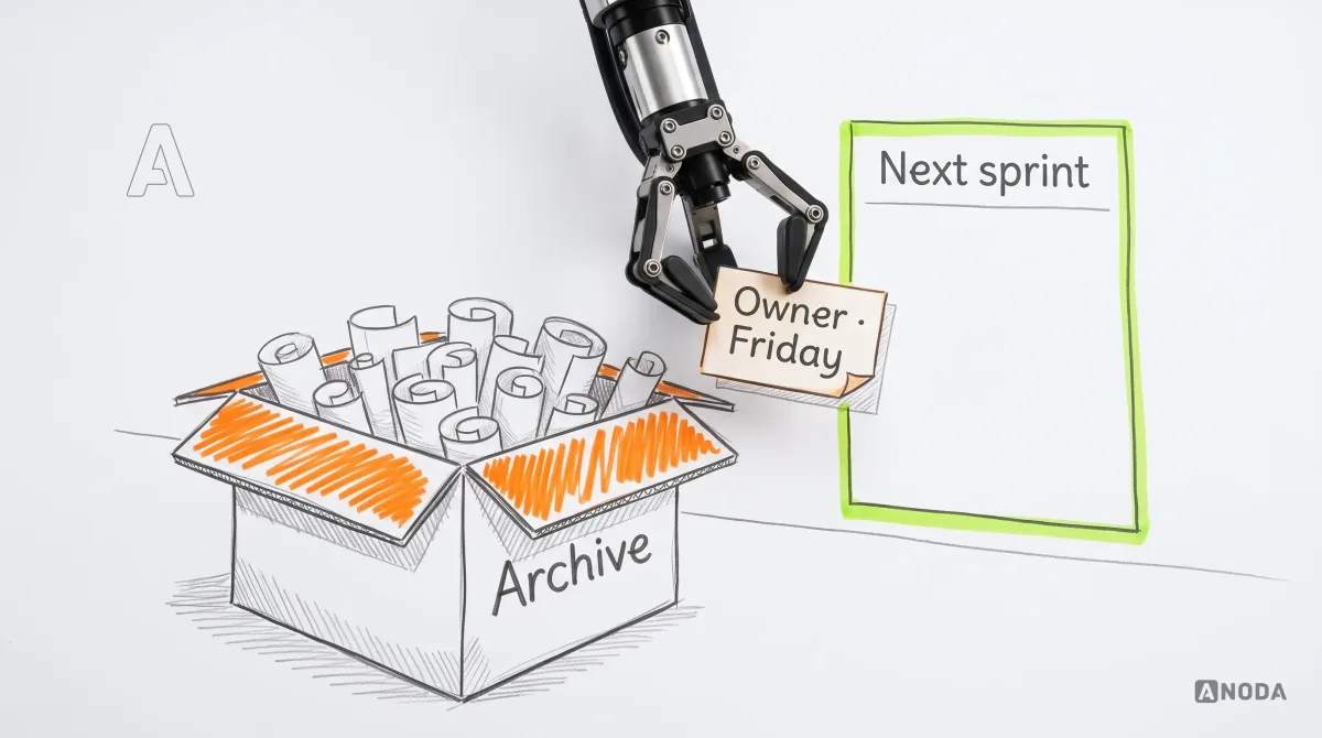 Mixed-media illustration: a drawn cardboard box labelled “Archive”, its flaps scribbled in orange, overflowing with rolled-up sticky-note walls; a real steel robotic arm hanging from the top edge lifts one card out of the box and holds it beside a drawn board column labelled “Next sprint”, outlined in lime. The card reads “Owner · Friday”.