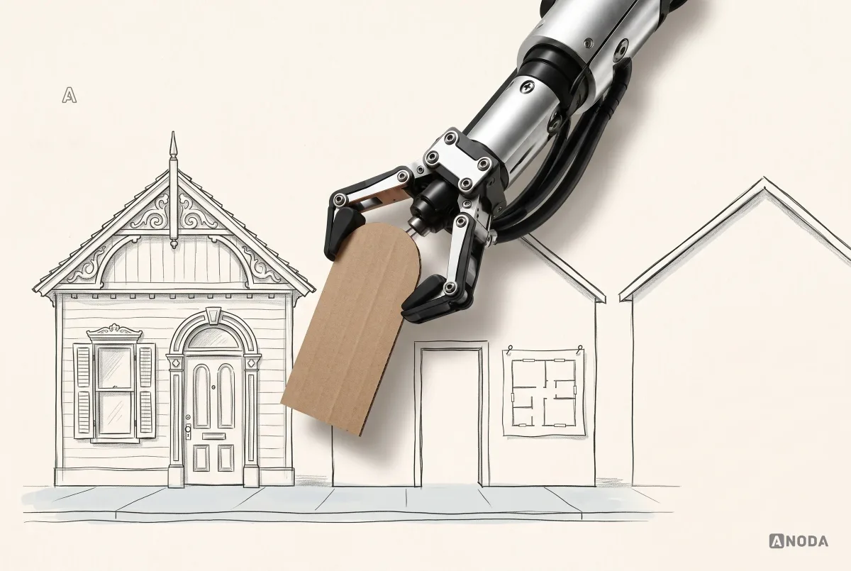 A steel robotic hand carries a real cardboard door cut-out away from a drawn ornate house towards a plain drawn house with a floor plan pinned beside it.