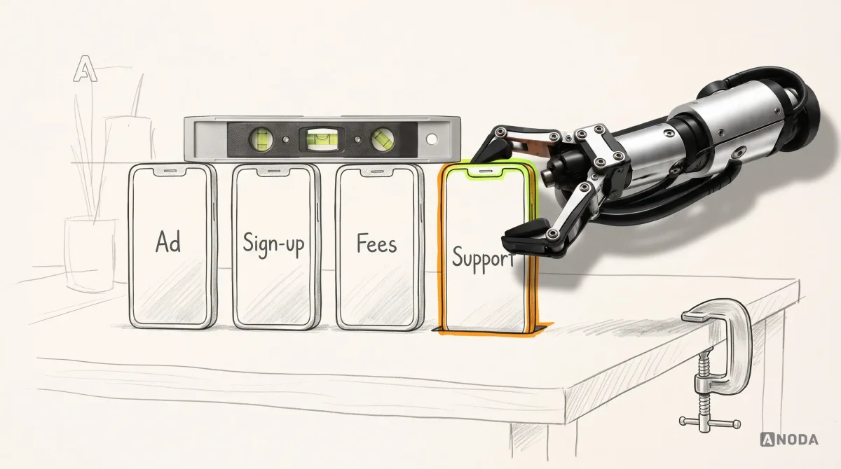 Mixed-media illustration: a row of four drawn screens labelled “Ad”, “Sign-up”, “Fees” and “Support” stands on a drawn table, the “Support” screen sunk lower and outlined in orange; a real steel robotic arm clamped to the table edge on the right lifts the “Support” screen back up to the line of a real spirit level resting across the other three, and the lifted screen’s top edge glows lime.