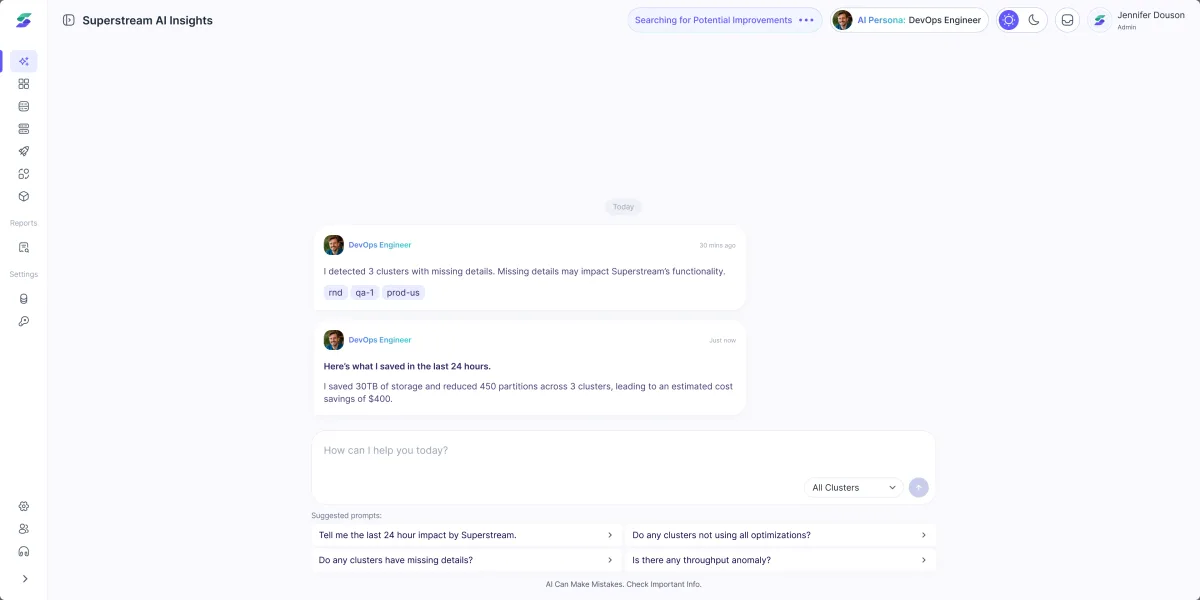 Superstream AI Insights: the DevOps Engineer persona reports three clusters with missing details and 30 TB of storage saved in the last 24 hours, with suggested questions under the input