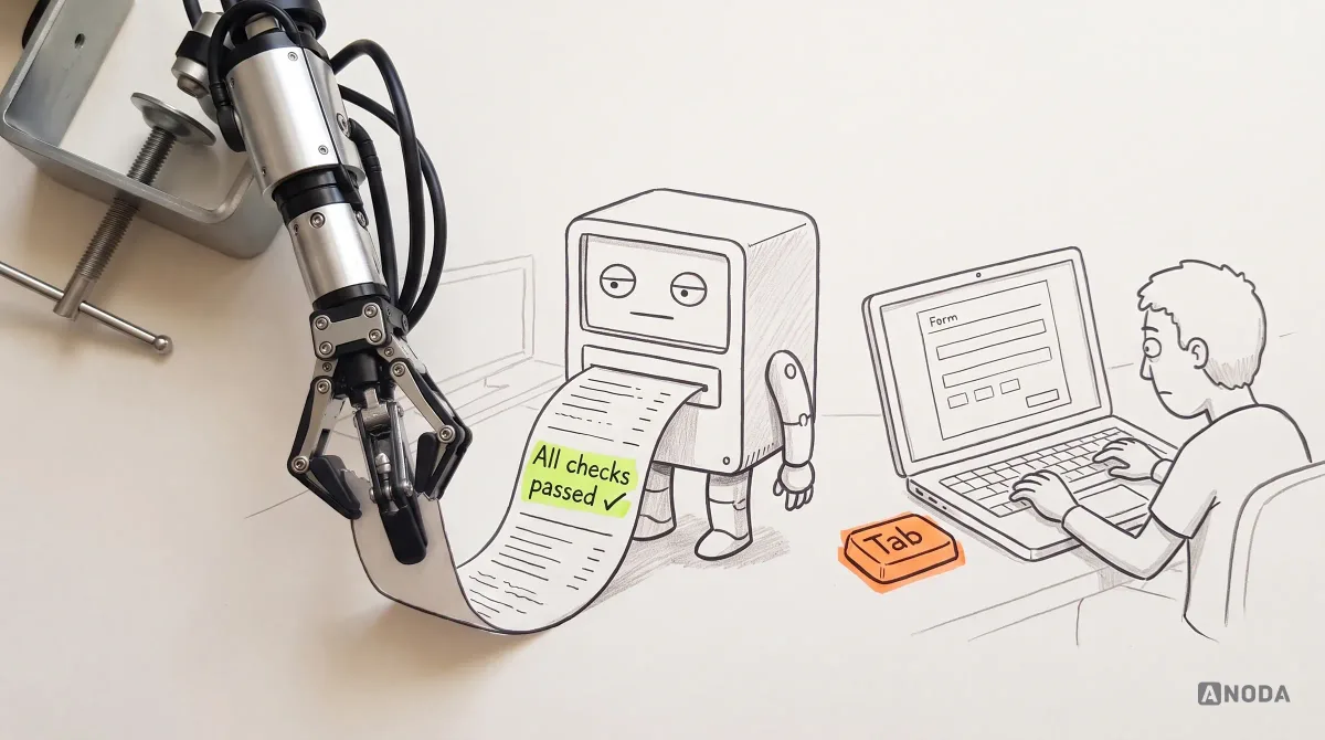 Mixed-media illustration: a drawn scanner robot prints a long lime receipt reading “All checks passed” while a drawn keyboard-only user is stuck at a form with a “Tab” key highlighted orange; a real steel arm grips the end of the receipt, unconvinced.