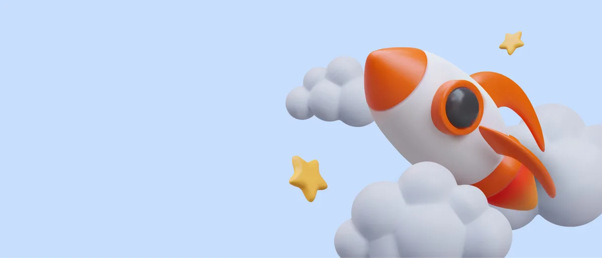 An orange and white rocket soaring through a clear blue sky, symbolizing innovation and success in startup UX design.