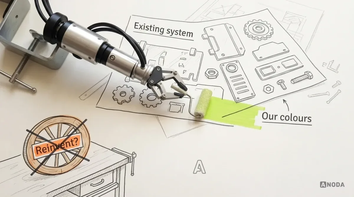Mixed-media illustration: a drawn sheet of ready-made components labelled “Existing system” is half repainted as a real steel robotic arm clamped at the top-left edge rolls a small paint roller across it, leaving a lime stripe labelled “Our colours”; in the corner a drawn wooden wheel on a workbench carries a crossed-out orange label “Reinvent?”.