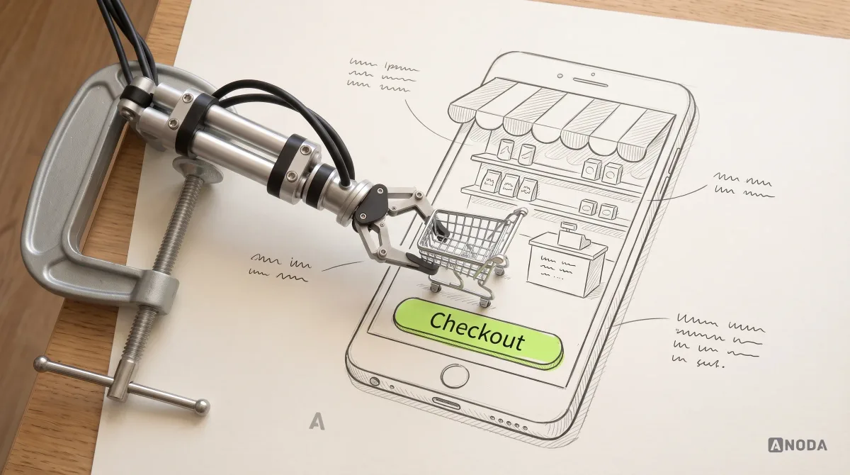 Mixed-media illustration: a real steel robotic arm sets a miniature metal shopping trolley onto a large drawn smartphone whose screen holds a tiny shop with an awning, a counter and a single "Checkout" button highlighted in lime.