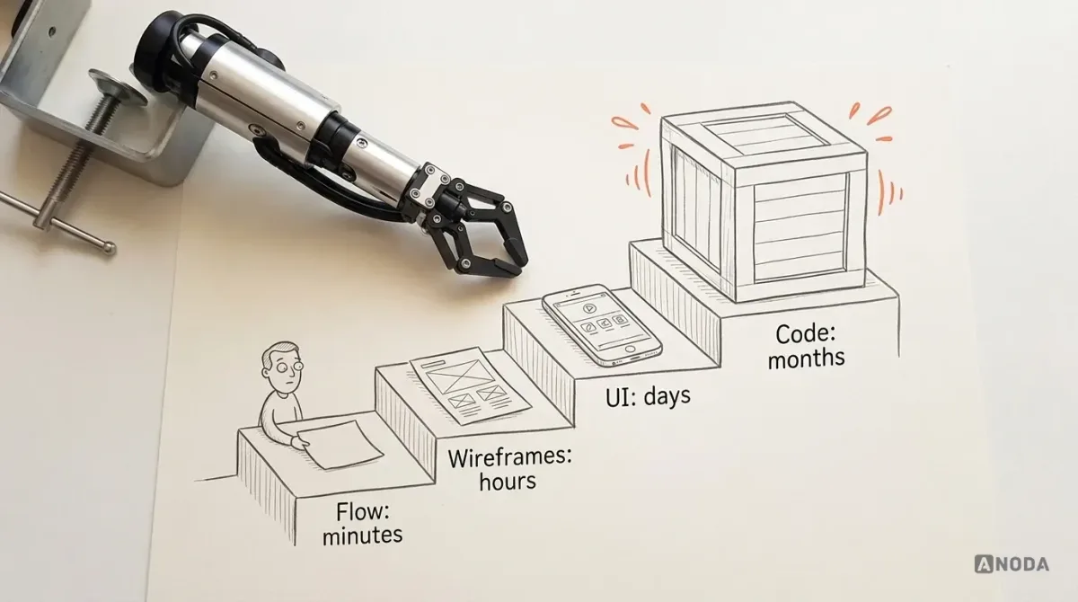 Mixed-media illustration: four drawn steps rising left to right — a tiny sticky note “Flow: minutes”, a wireframe sheet “Wireframes: hours”, a polished screen “UI: days” and a huge crate “Code: months” — while a real steel arm easily moves the sticky note on the first step.