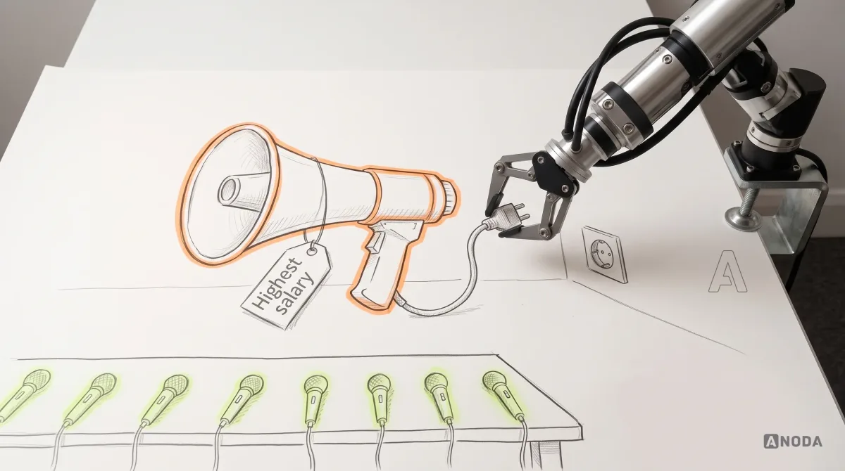 Mixed-media illustration: a row of small drawn microphones along a table glows faintly lime, while a giant drawn megaphone in the middle, outlined in orange, carries a tag reading “Highest salary”; a real steel robotic arm entering from the right on a table clamp pulls the megaphone’s plug out of a drawn socket.