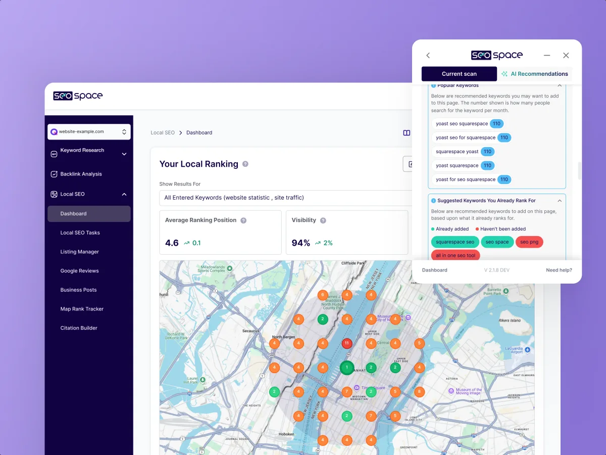 SEOSpace local ranking dashboard beside the browser extension's keyword recommendations