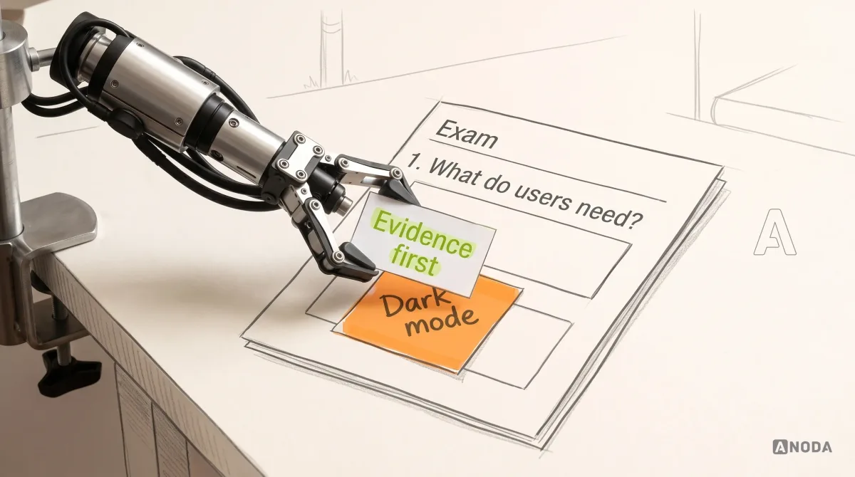 Mixed-media illustration: a drawn exam paper with the question “What do users need?” has its answer box already filled by a pasted orange sticky note reading “Dark mode”; a real steel arm lays a small card lettered in lime, “Evidence first”, over the answer box.