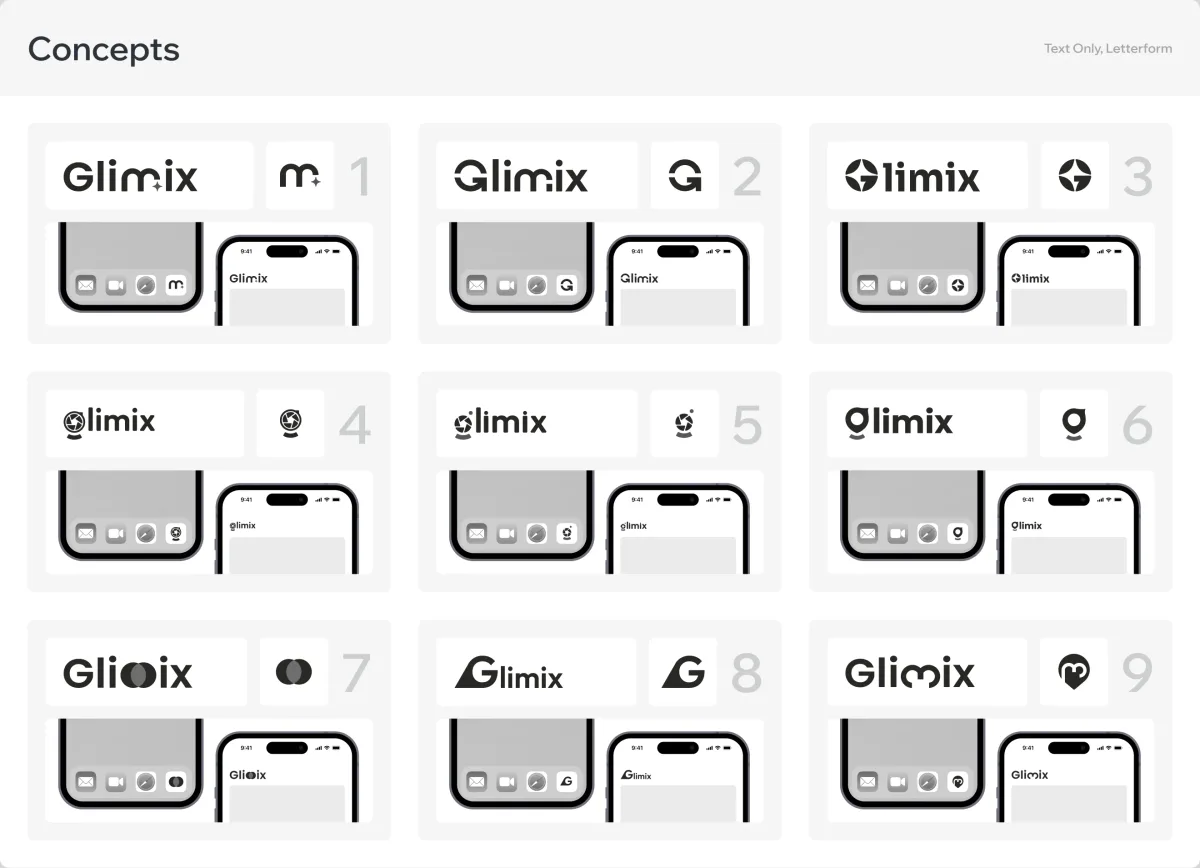 Glimix logo concepts, each shown as a wordmark, as an app icon and in an app header on a phone