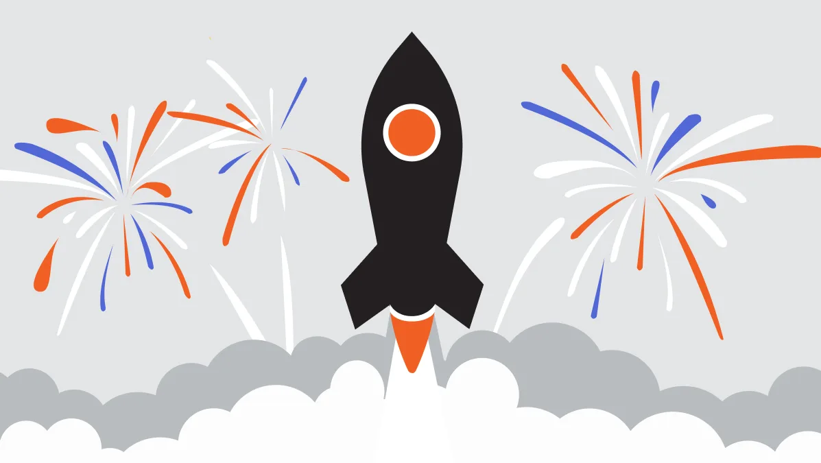 Illustration of a black rocket with orange flame above white clouds, surrounded by orange and blue fireworks.