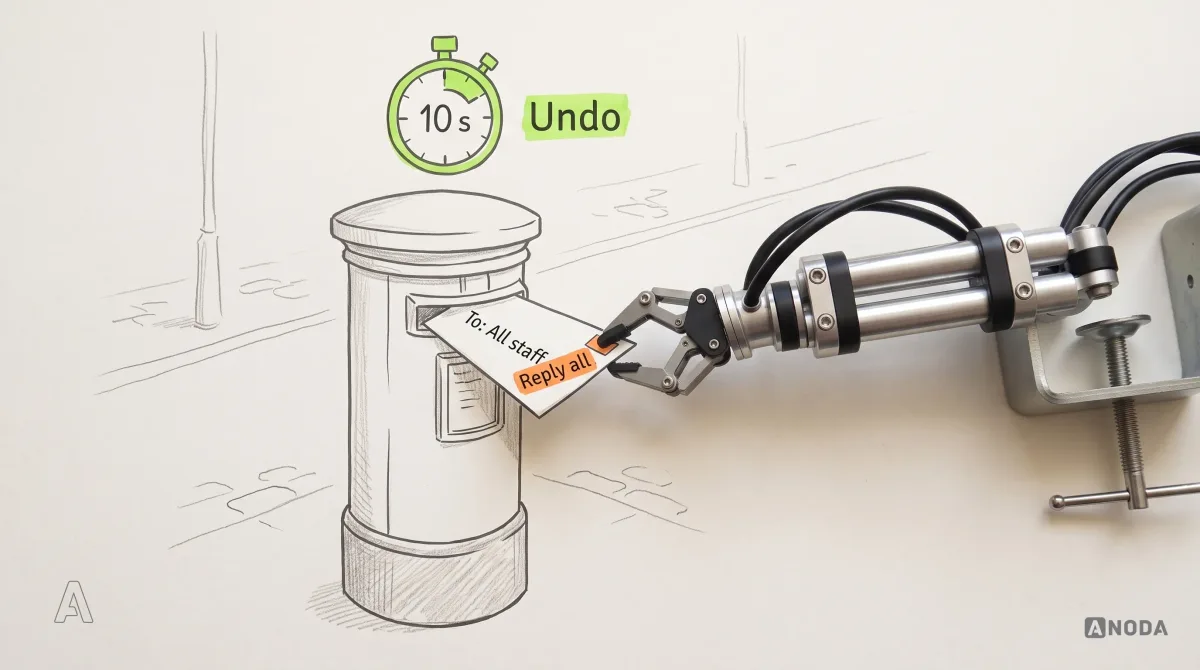 Mixed-media illustration: a drawn post box with an envelope addressed “To: All staff” and stamped “Reply all” in orange halfway through the slot; a real steel robotic arm clamped to the table edge pinches the envelope and pulls it back out, under a lime drawn stopwatch marked “10 s” and the word “Undo”.