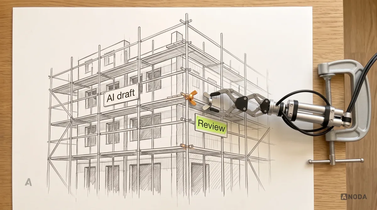 Mixed-media illustration: drawn scaffolding around a drawn building with a sign “AI draft”, one joint marked in orange; a real steel robotic arm tightens a real metal wing nut at that joint, next to a lime tag labelled “Review”.