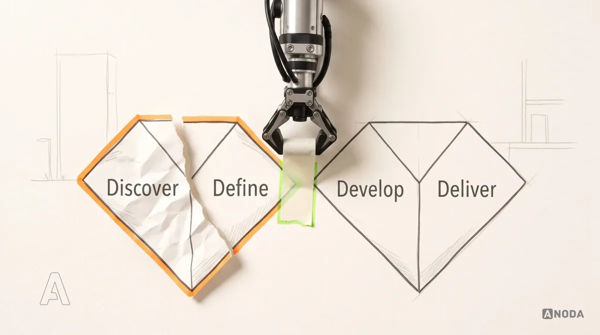 Mixed-media illustration: two drawn diamonds on paper, the left one torn down the middle, crumpled and outlined in orange, labelled “Discover” and “Define”, the right one neat and labelled “Develop” and “Deliver”, while a real steel arm hanging from the top presses a real strip of masking tape where the torn left diamond meets the right one.
