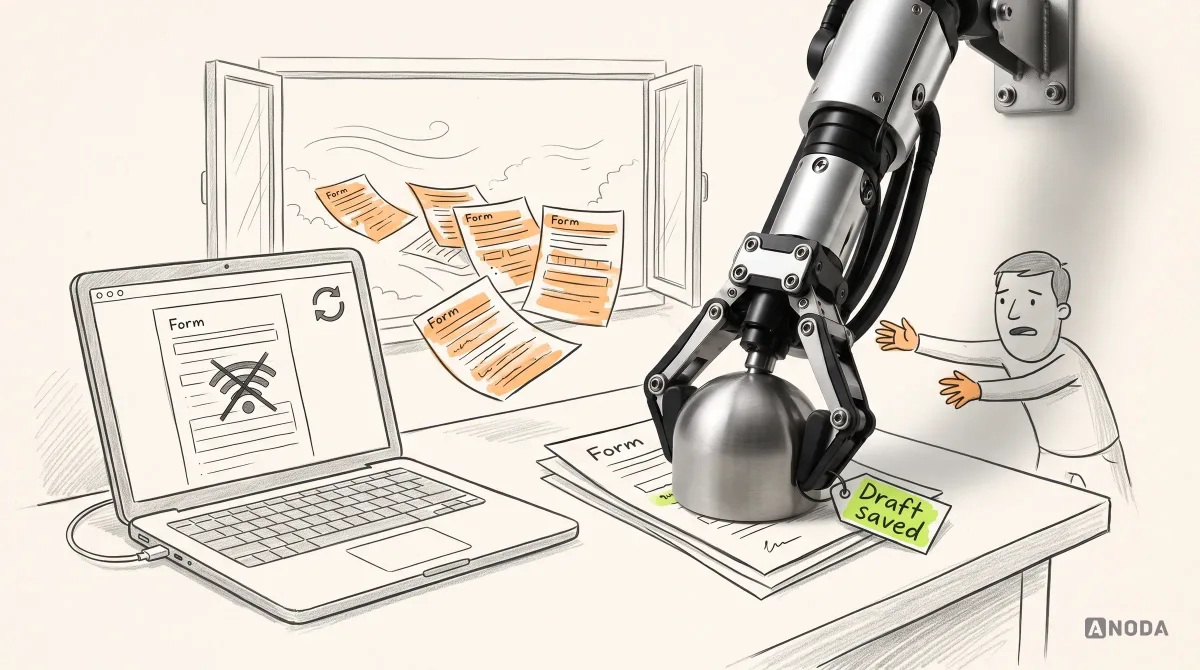 Mixed-media illustration: form pages fly off a desk towards an open window, highlighted orange, while a drawn user reaches after them; a real steel arm holds the remaining stack down with a real steel paperweight tagged “Draft saved” in lime.