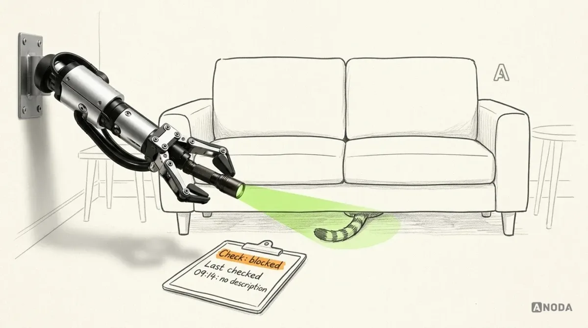 Mixed-media illustration: a drawn sofa with a cat’s tail sticking out from underneath, and a drawn clipboard on the floor reading “Check: blocked” above a kept earlier line “Last checked 09:14: no description”; a real steel arm from a wall bracket on the left shines a real torch under the sofa.