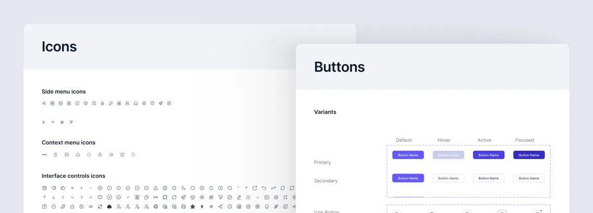 Superstream UI kit pages: the icon set and button variants with their default, hover, active and focused states