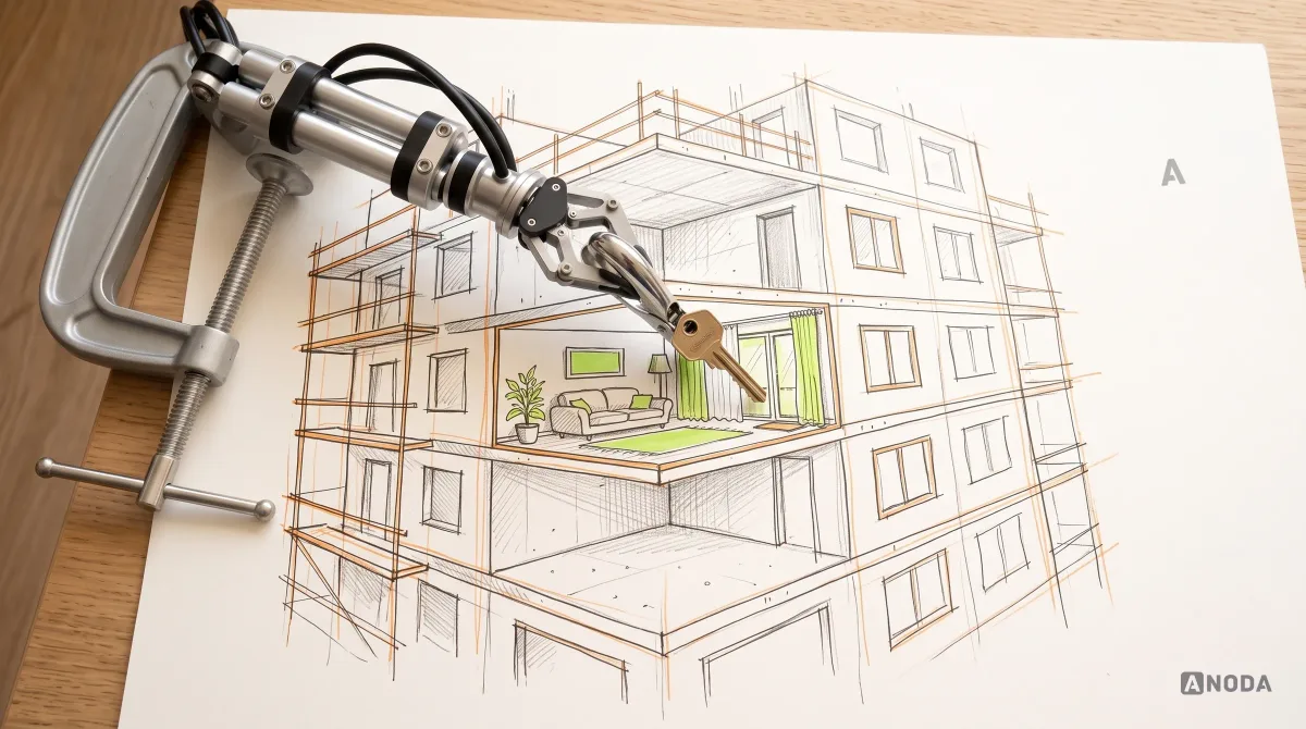 Mixed-media illustration: a drawn apartment building under construction with scaffolding, where only one flat is fully finished and furnished, highlighted in lime; a real steel robotic arm places a real small key on the doorstep of that finished flat.
