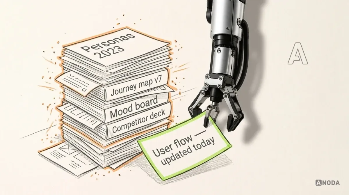 Mixed-media illustration: a tall, teetering drawn stack of documents labelled “Personas 2023”, “Journey map v7”, “Mood board” and “Competitor deck”, with orange dust lines around them; a real steel robotic arm hanging from the top edge pulls one lime-highlighted sheet labelled “User flow — updated today” out from near the bottom of the pile.