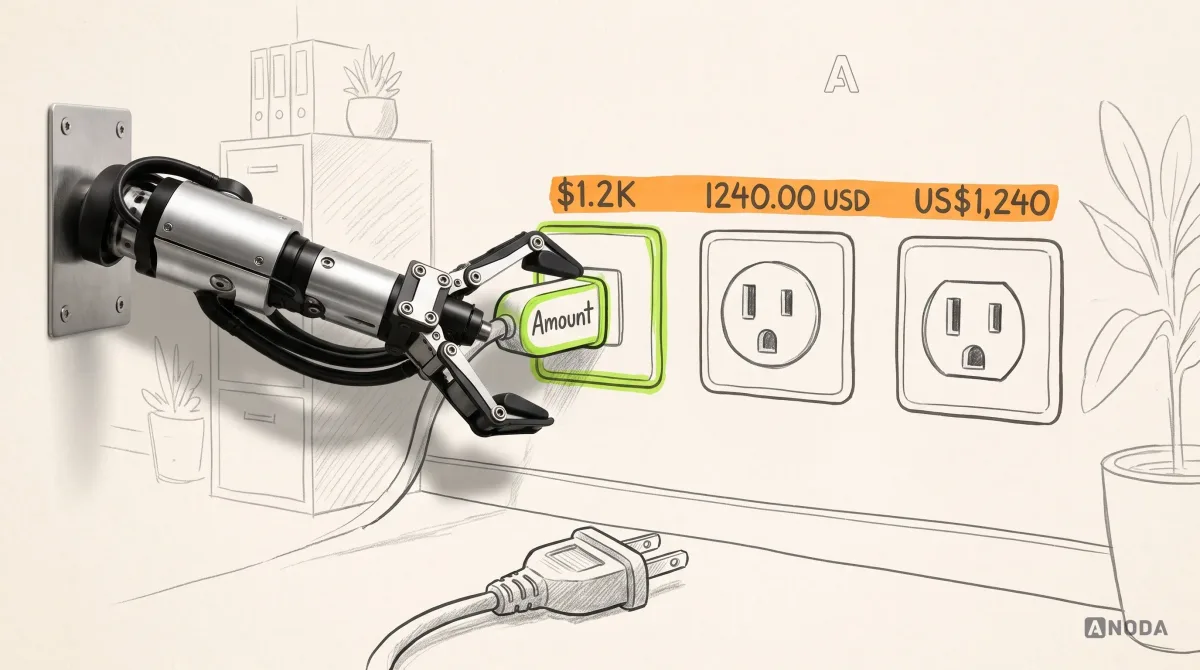 Mixed-media illustration: a drawn wall holds a row of sockets under an orange strip of three formats for the same amount, “$1.2K”, “1240.00 USD” and “US$1,240”, while a real steel robotic arm on a wall bracket at the left edge pushes a plug labelled “Amount” into the first socket, now outlined in lime.