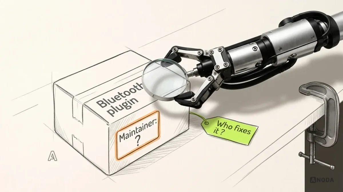 Mixed-media illustration: a drawn cardboard parcel labelled “Bluetooth plugin” with a seller sticker reading “Maintainer: ?” in orange; a real steel arm from a table clamp at the right edge holds a real magnifying glass over the sticker, while a lime tag beside the parcel reads “Who fixes it?”.