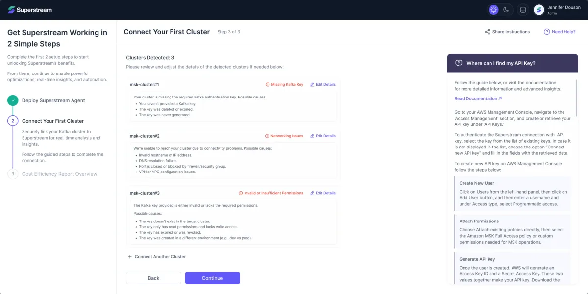 Three detected clusters, each flagged with its own issue and possible causes, with an edit link
