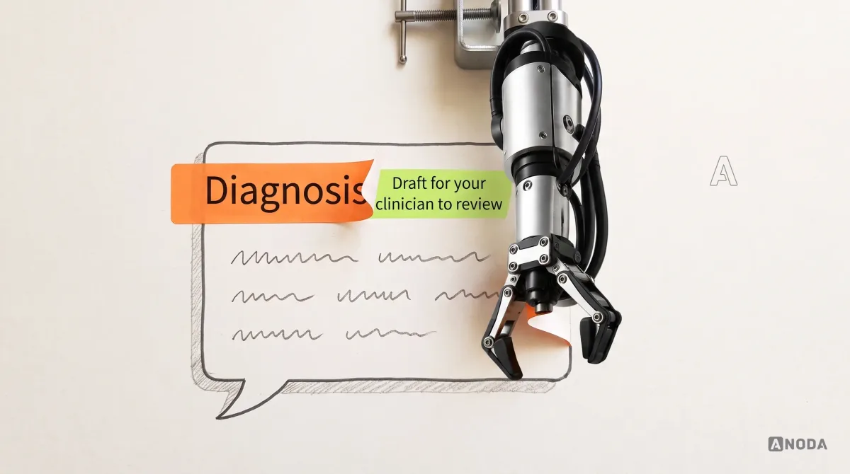 Mixed-media illustration: a drawn chat card from an app assistant carries a bold orange label “Diagnosis” across the top; a real steel robotic arm hanging from the top edge peels the orange label away, revealing a lime label underneath reading “Draft for your clinician to review”.