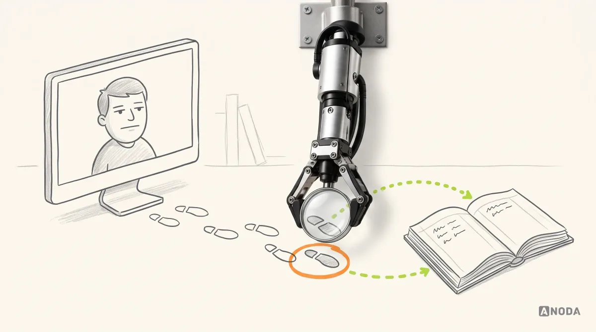 Mixed-media illustration: drawn footprints lead from a drawn computer screen towards an open ledger but stop halfway at an orange circle, while a real steel arm from the top holds a real magnifying glass over the last footprint and a lime dotted line continues to the ledger