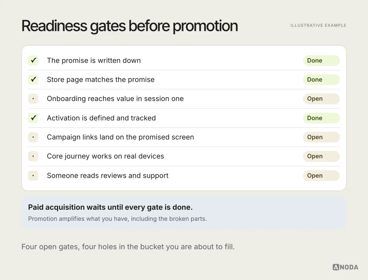 Illustrative readiness checklist: seven gates from written promise to reviews monitoring, three marked done and four marked open, with a note that paid acquisition waits until all seven are done.