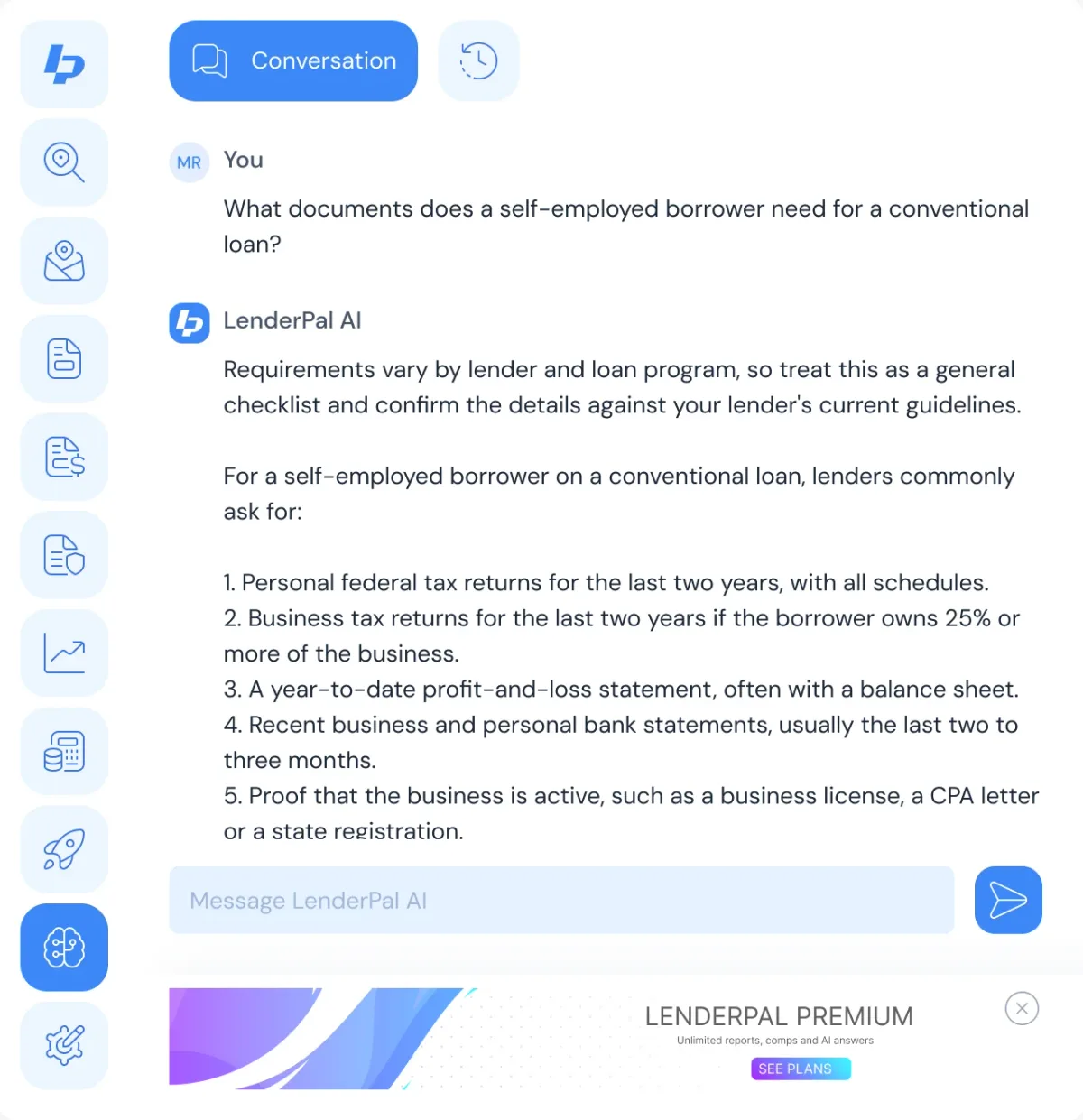 LenderPal AI answering which documents a self-employed borrower needs for a conventional loan