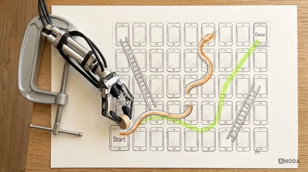 Mixed-media illustration: a drawn Snakes and Ladders board where the squares are small phone screens; ladders skip ahead and one long snake leads from a late square back to the start, highlighted in orange; a real steel robotic arm places a real wooden game counter on the start square, and the path to the finish is traced in lime.