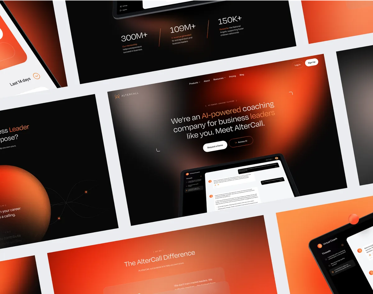 A collection of web pages showcasing orange and black color schemes, highlighting UI design best practices.