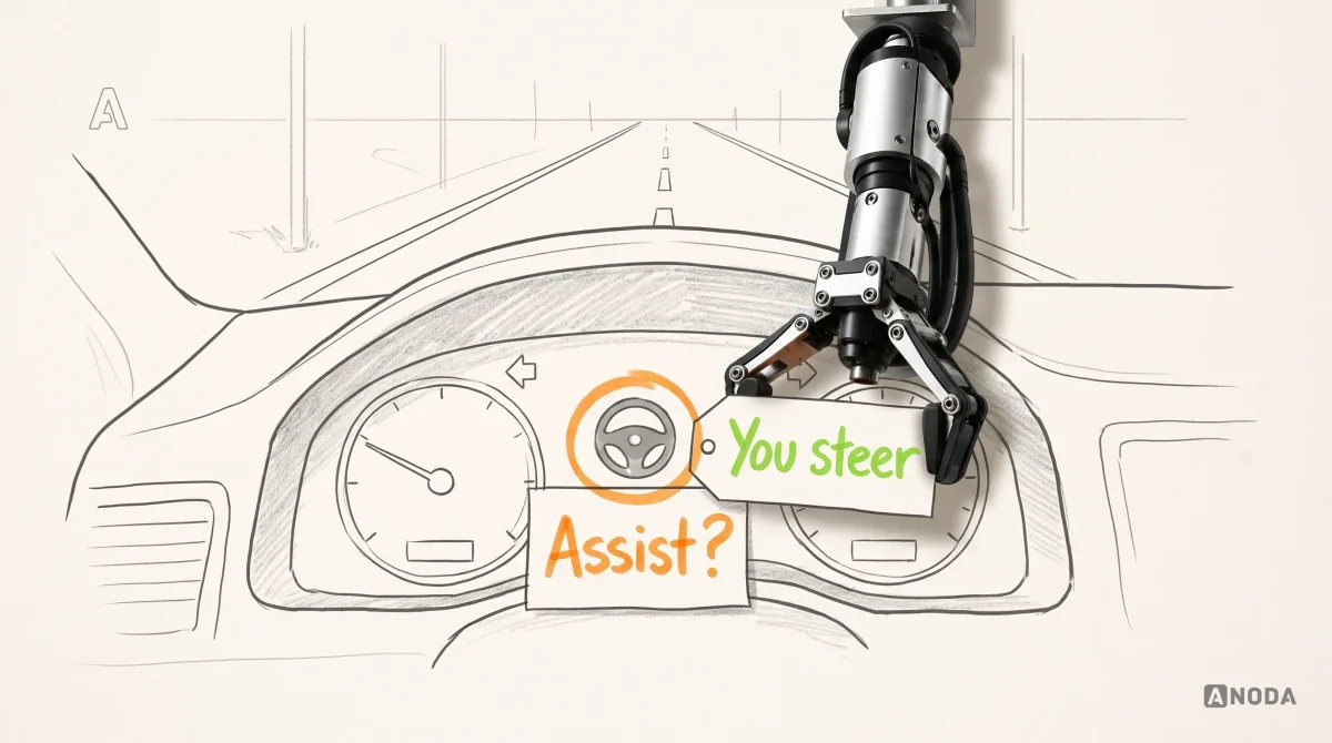 Mixed-media illustration: a drawn instrument cluster with a small grey steering-wheel icon circled in orange above a paper tag reading “Assist?”; a real steel robotic arm hanging from the top edge hangs a second paper tag reading “You steer” in lime right beside the icon.
