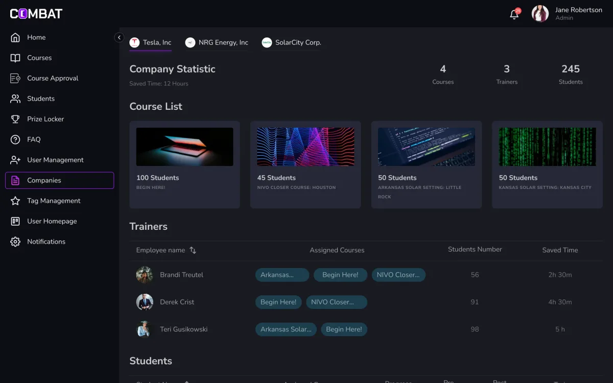 Companies page with company tabs, the company’s statistic, course cards with student counts and the trainers table with assigned courses and saved time