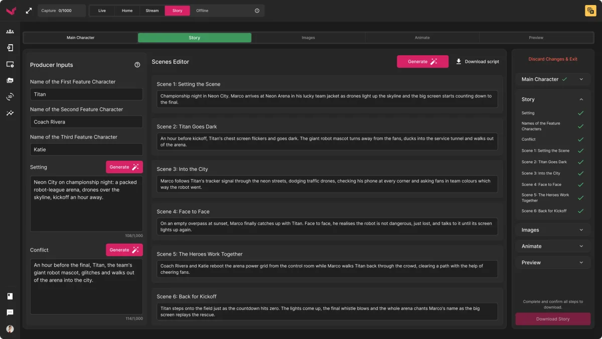 Story step: feature characters, setting and conflict, and a six-scene script with a progress checklist
