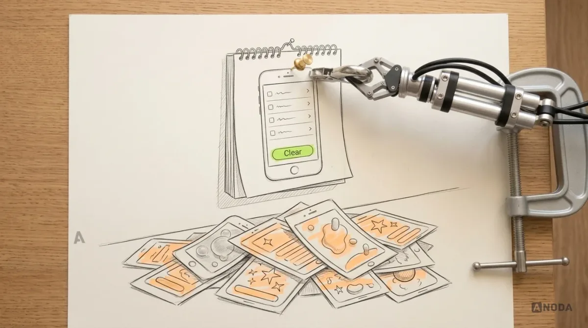 Mixed-media illustration: a drawn wall calendar with torn-off pages on the floor, each showing a phone screen in a fashionable style; a real steel robotic arm pins the current page, a plain screen with a lime button labelled “Clear”, to the calendar with a real brass pushpin.