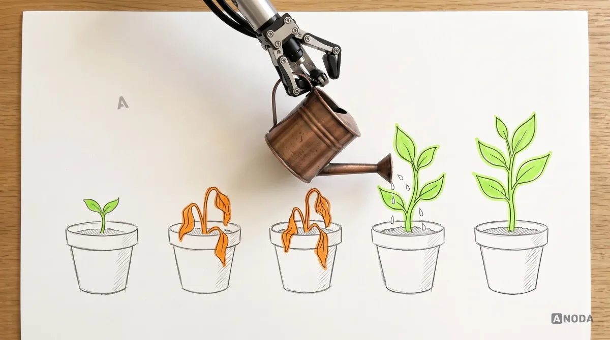 Mixed-media illustration: a drawn row of five plant pots, a healthy sprout in the first and drooping plants in the next two, highlighted in orange; a real steel robotic arm pours water from a real small watering can onto the last two pots, whose plants stand up again, highlighted in lime.