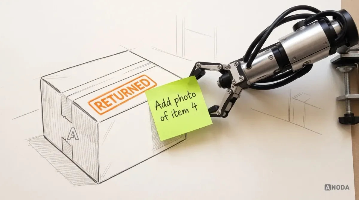 Mixed-media illustration: a drawn cardboard parcel stamped “RETURNED” in orange, and a real steel arm pressing a lime sticky note reading “Add photo of item 4” beside the stamp.