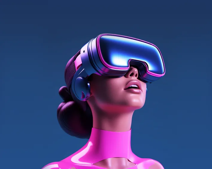 A woman in a pink dress wearing virtual reality glasses, immersed in a digital experience.