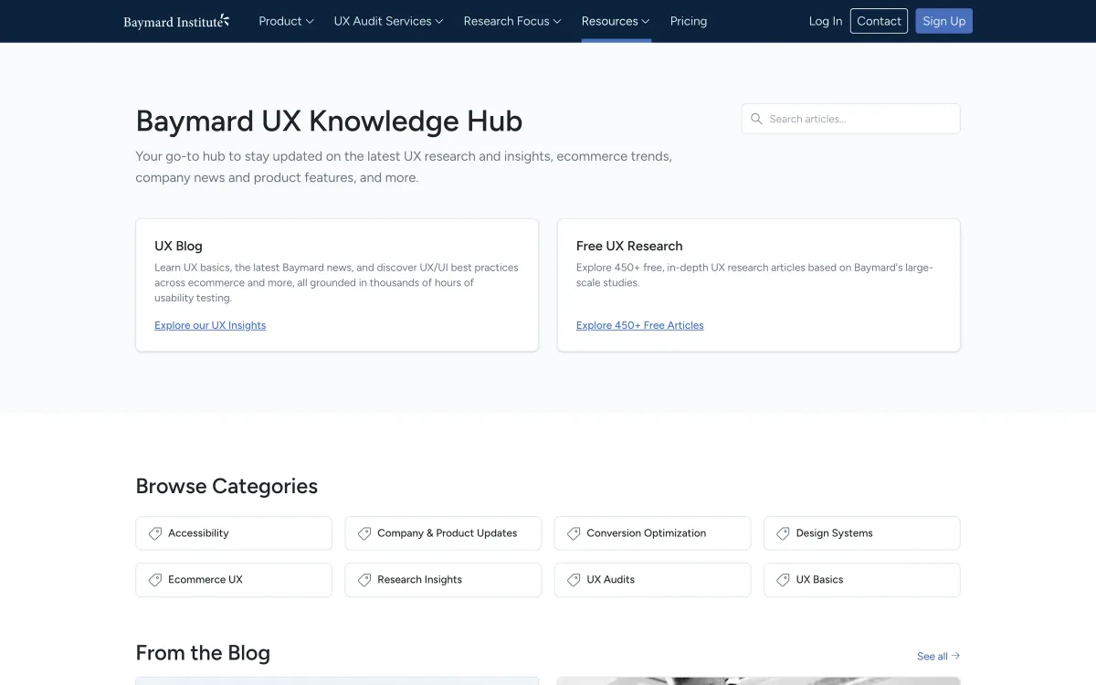 Baymard Institute UX Knowledge Hub: a landing page linking to the UX blog and free UX research articles, with categories such as accessibility, conversion optimisation, design systems and UX audits.